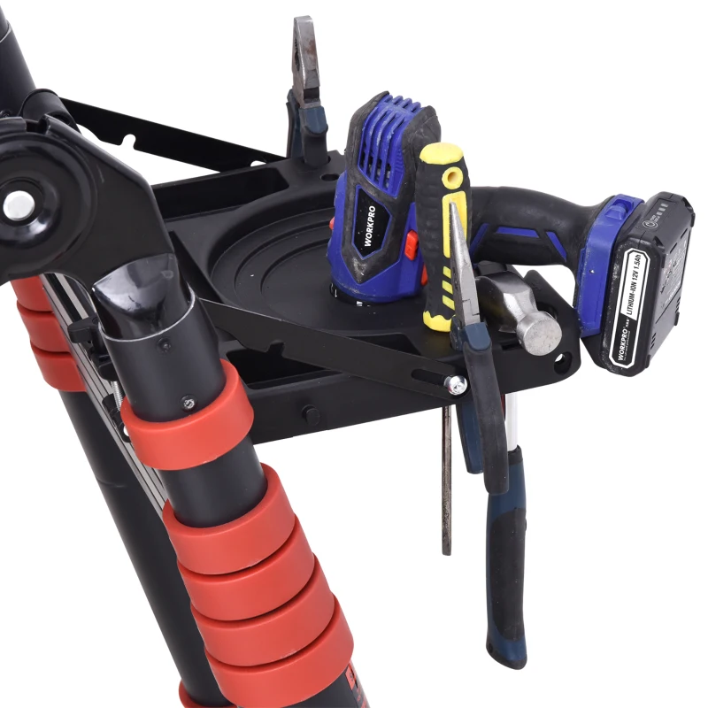 HOMCOM 3.8M Duo Aluminium Ladder w/ Tool Holder Herringbone Deployed Extendable DIY w/ 12 Non-Slip Steps, Red