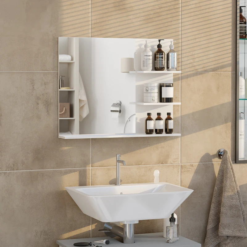 HOMCOM Miroir de Salle de Bain avec étagères - 2 étagères latérales + Grande étagère inférieure - kit Installation fourni - MDF Blanc