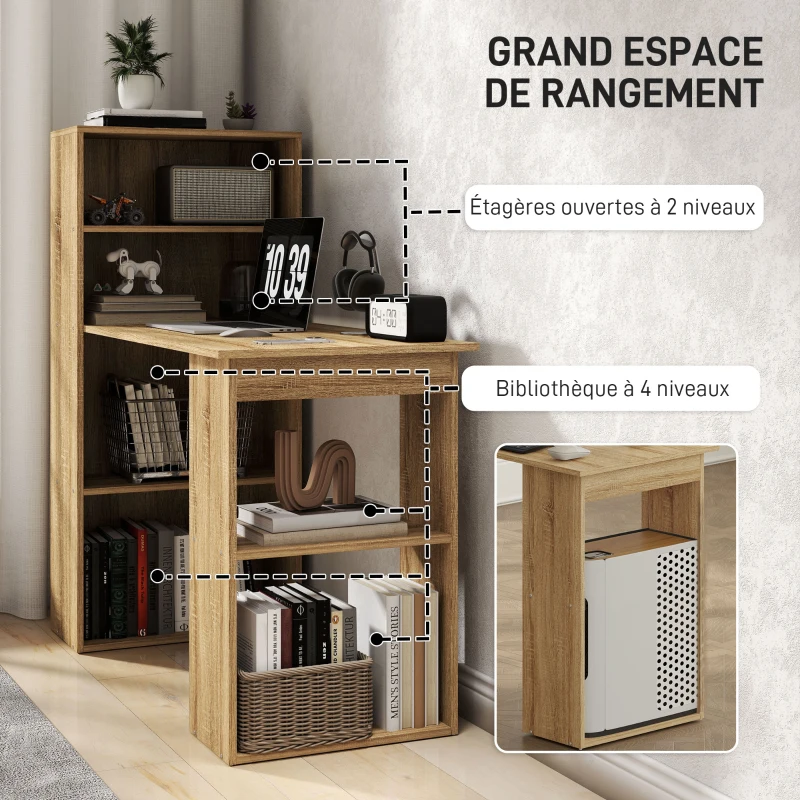 HOMCOM Bureau Informatique avec étagère de rangement Bureau d'angle bibliothèque adjacente Multi-rangements Chêne