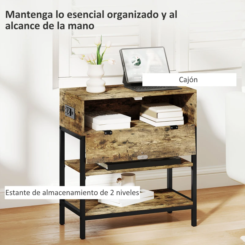 HOMCOM Mesa Auxiliar con Cajón y 2 Estantes con 2 Enchufes y 2 Puertos USB de Estilo Industrial 60x30x66,5 cm Marrón Rústico