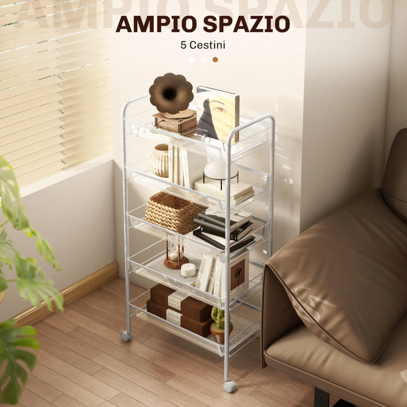 HOMCOM Carrello da Cucina Salvaspazio a 5 Livelli con Cestini a Rete in Acciaio, 45x26.5x106cm, Bianco