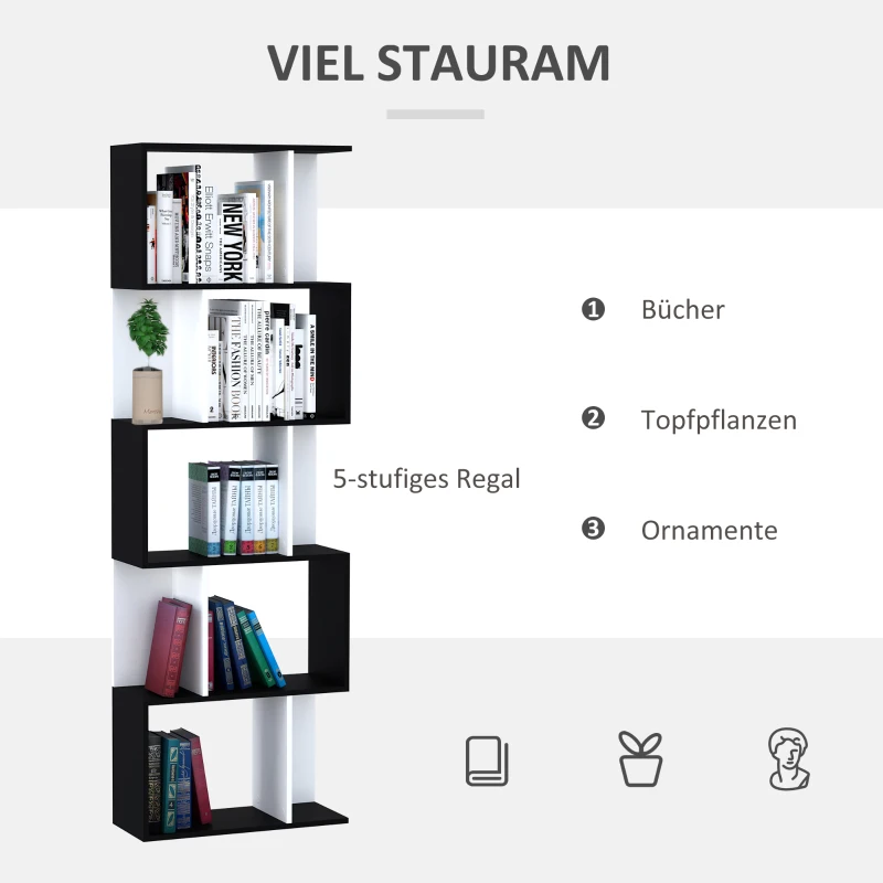 HOMCOM Bücherregal S-förmig Ausstellungsregal Standregal 5-stöckiger moderner Raumteiler Spanplatte Schwarz 60 x 24 x 184,5 cm