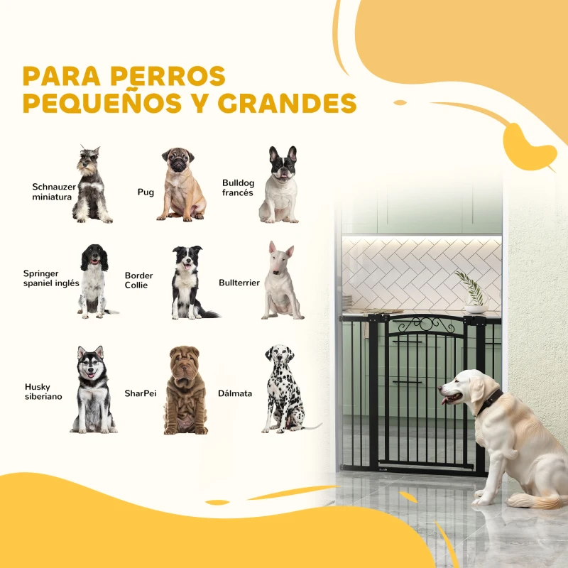 PawHut Puerta para Perros con Ancho Ajustable 76-104 cm Barrera de Seguridad con 2 Extensiones y Doble Bloqueo Negro