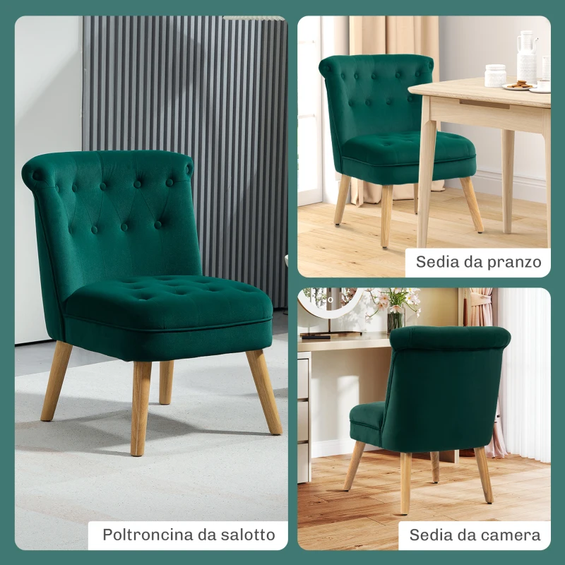 HOMCOM Poltrona per Salotto in Velluto con Seduta Imbottita e Trapuntata a Bottoni, 60x66x79 cm, Verde