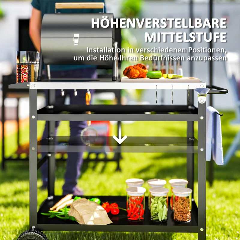 Outsunny Grillwagen 3-Etagen Servierwagen mit Arbeitsfläche Griffe Hülle Räder, BBQ Grilltisch Edelstahl 100x52x80cm Schwarz