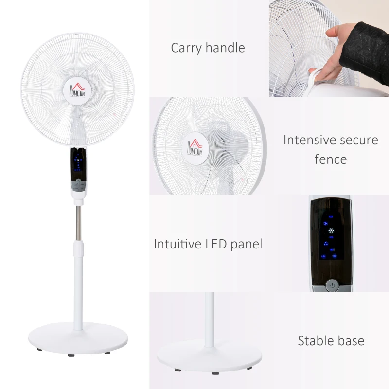 HOMCOM Wentylator stojący 138 cm z timerem 5h, pilotem, regulacją wysokości, 3 prędkościami, stalowy, kolor biały