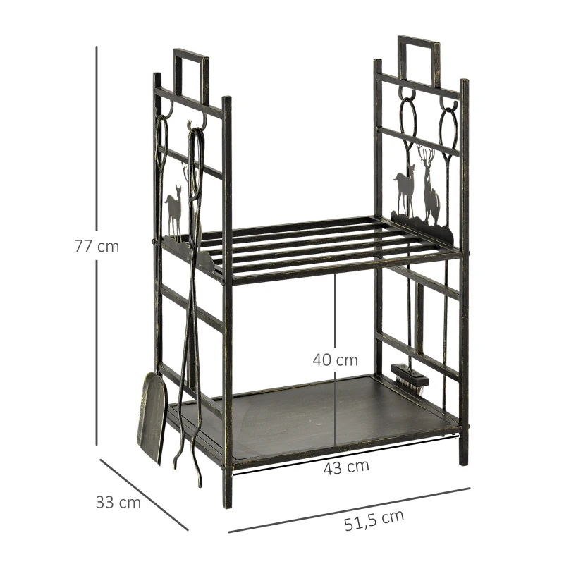 Outsunny Suporte para Lenha de Ferro Forjado de 2 Níveis com 4 Ferramentas para Interior e Exterior 51,5x33x77 cm Preto e Dourado
