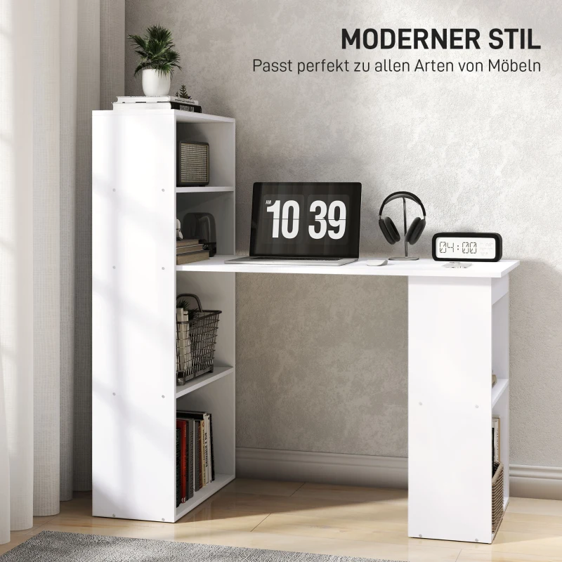 HOMCOM Schreibtisch Bürotisch Computertisch, 2 Regale, 5 Regalböden, 120 cm x 55 cm x 120 cm, Weiß(m-4)