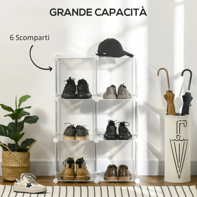 HOMCOM Mobile Scarpiera Modulare Salvaspazio, 6 Cubi in Plastica PP, 65x32x162 cm, Trasparente