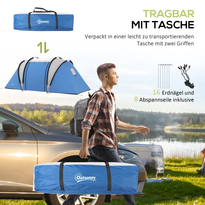 Outsunny 4-5 Persoons Campingtent Waterafstotend Blauw Familie Tent met Drie Compartimenten en Zijdeur
