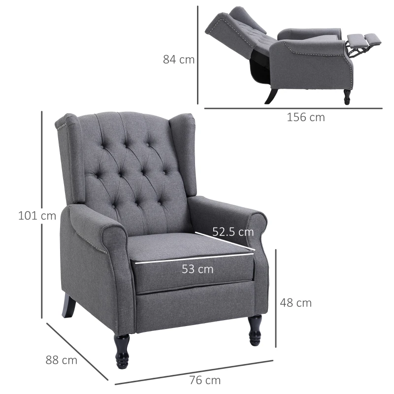 HOMCOM Recliner Armchair, Vintage Reclining Chair with Nail Head Trim, Wingback Chair with Button Tufted Back and Footrest, for Living Room, Grey