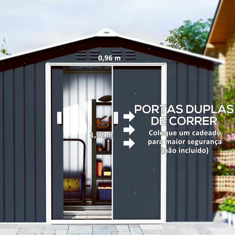 Outsunny Abrigo de Jardim 2,42 m 213x130x185 cm Abrigo de Jardim Metálico para Armazenamento com 2 Portas Deslizantes e 4 Janelas Cinza Escuro