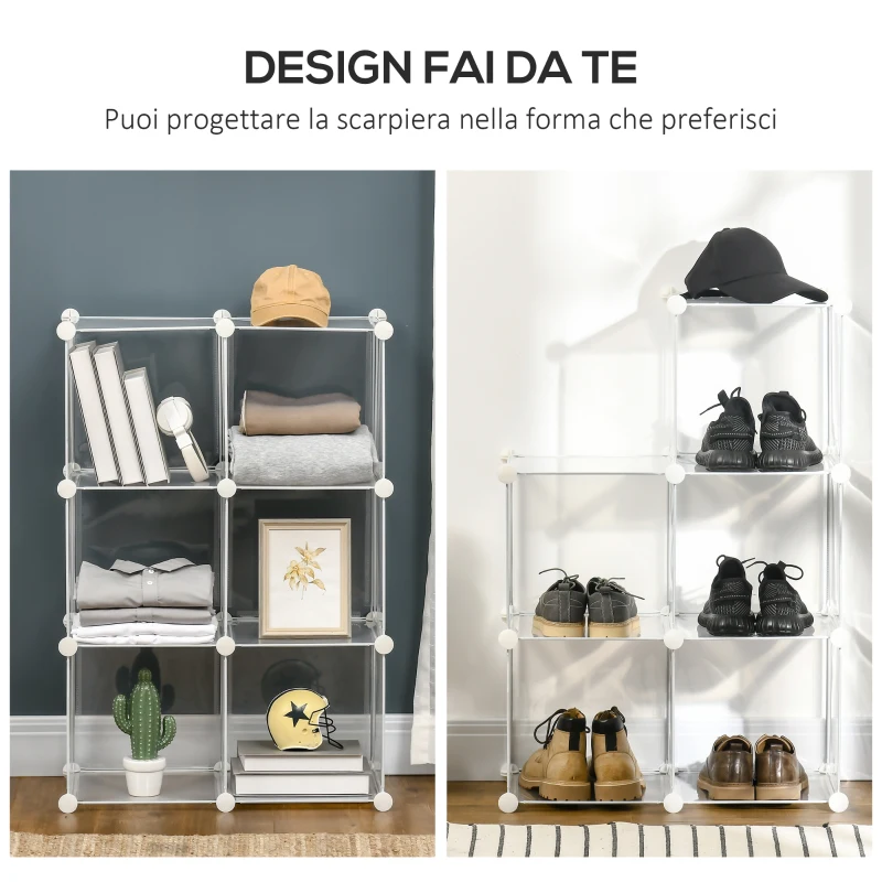 HOMCOM Mobile Scarpiera Modulare Salvaspazio, 6 Cubi in Plastica PP, 65x32x162 cm, Trasparente