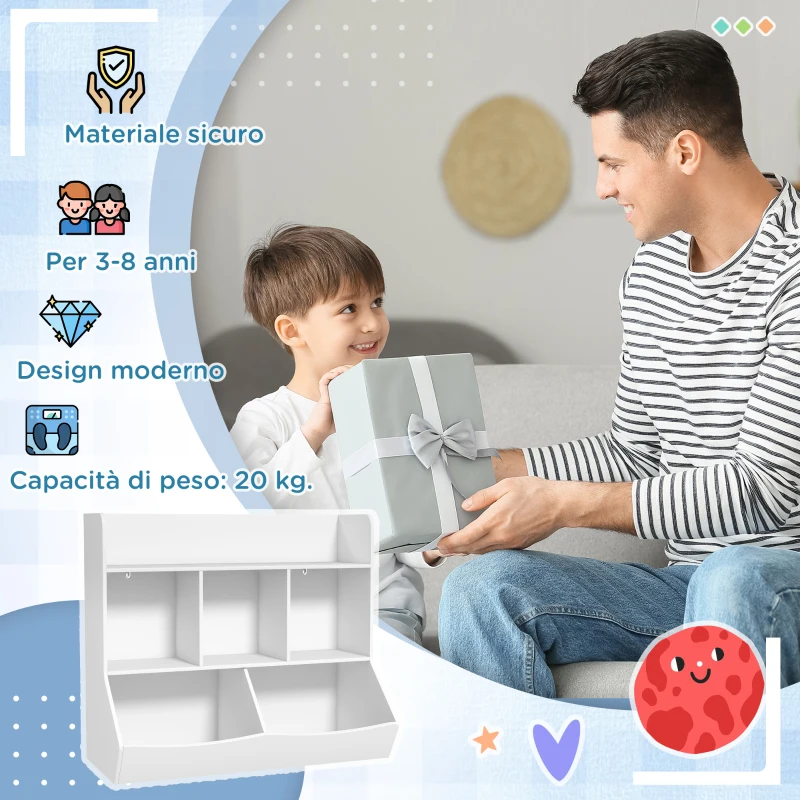 HOMCOM Mobile Portagiochi per Bambini a 3 Livelli con 5 Scomparti in Legno, 91.5x43x79cm, Bianco