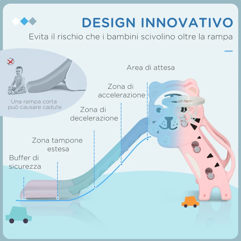 AIYAPLAY Scivolo per Bambini 18-36 Mesi con Canestro da Basket Laterale, in Plastica, 133x60x70 cm, Rosa e Grigio