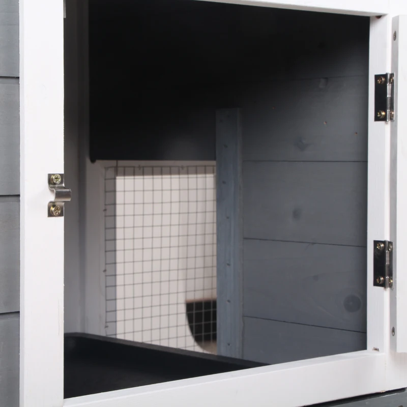 PawHut Coelheira de Madeira Exterior Gaiola para Coelhos de 2 Níveis com Teto Asfáltico 2 Cercados de Metal Bandeja Removível 3 Portas e Rampa 157,4x53x93,5 cm Cinza