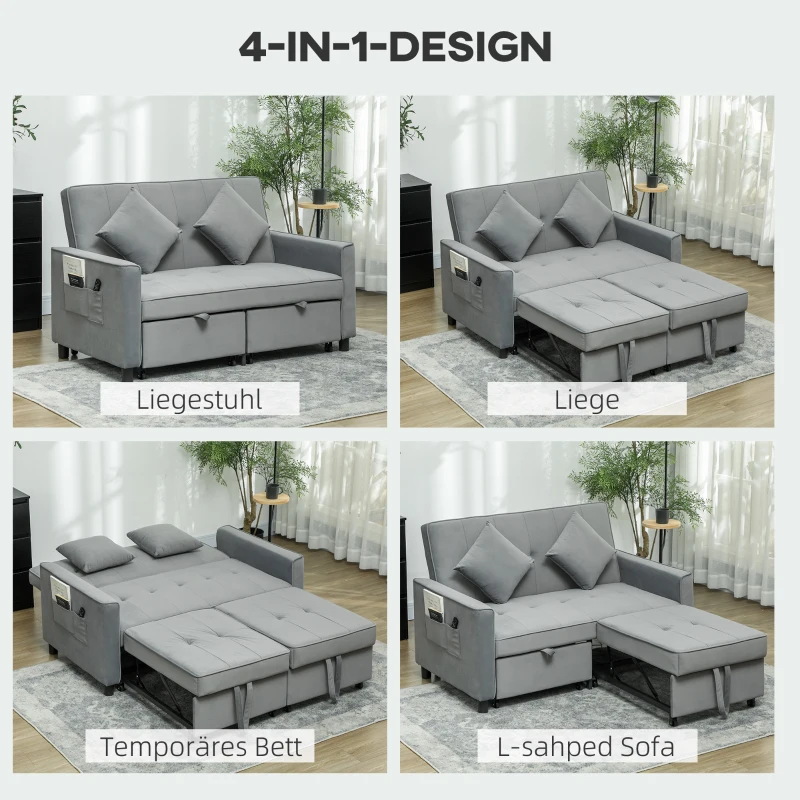 HOMCOM 4-in-1 Sofa, Verstellbare Couch, Sofabett, mit Kissen, Stoffbezug, für Wohnzimmer, Schlafzimmer, Grau