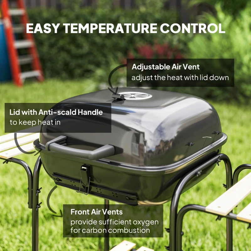 Outsunny Charcoal Barbecue Grill Portable BBQ Grill with 1840 cm² Cooking Area, 3 Shelves, Adjustable Vent, Lockable Lid, Wheels for Outdoor Cooking, Garden Party, Black