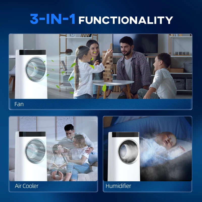 HOMCOM Evaporative Air Cooler, 6.5L 4-in-1 Bladeless Portable Cooler, Fan, Humidifier, Air Clean Anion with Oscillation, 6 Speeds, 24H Timer, Sleep Mode, 2 Ice Packs, Wheels, Remote, for Home Office