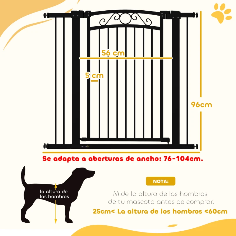 PawHut Puerta para Perros con Ancho Ajustable 76-104 cm Barrera de Seguridad con 2 Extensiones y Doble Bloqueo Negro