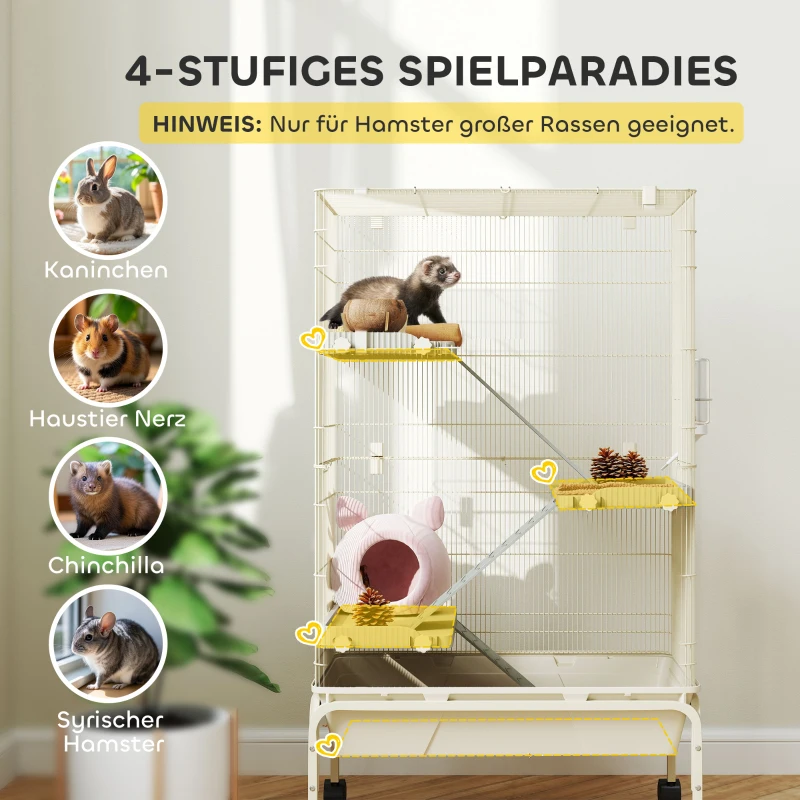 PawHut Kleintierkäfig, Haustierkäfig mit 4 Ebenen, Futterschale, Wasserflasche, 88 x 48 x 150,5 cm, Beige(m-4)