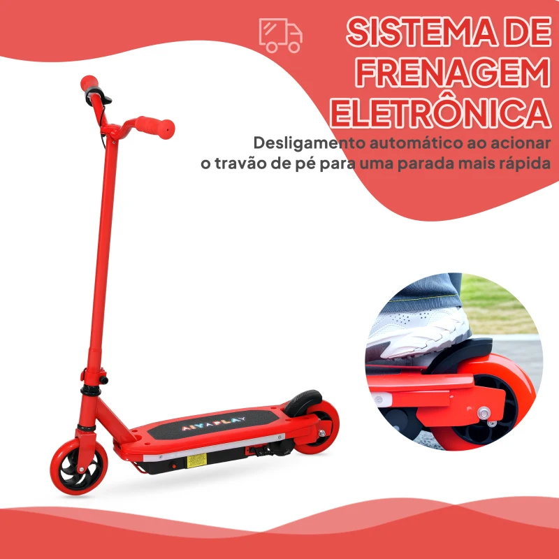 AIYAPLAY Trotinete Elétrica para Crianças Máx. 10 km/h Motor 80 W Autonomia Máxima 8 km Trotinete com Luzes LED Travão Traseiro 76x46x93 cm Vermelho