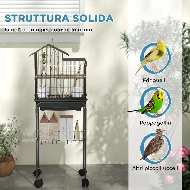 PawHut Gabbia per Uccelli con Piedistallo, Ruote Girevoli, Ripiano e Accessori, 46x36x120 cm, Nero