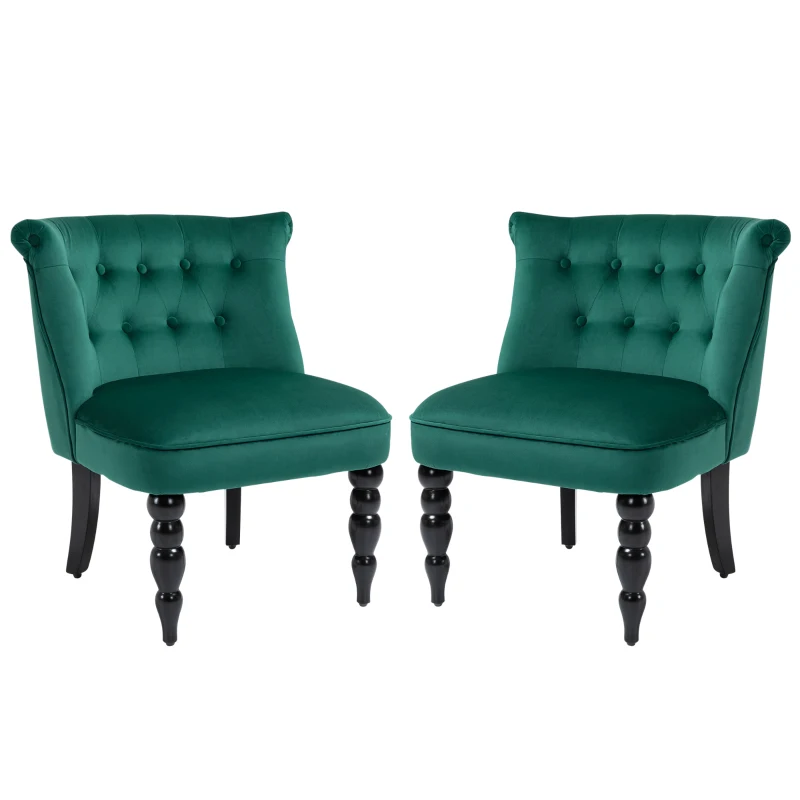 HOMCOM Velvet Accent Chair Set of 2, Button Tufted Wingback Chair with Rubber Wood Legs for Living Room, Bedroom, Dark Green