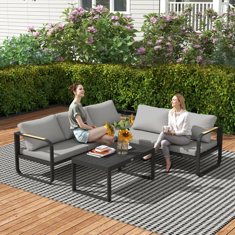 Outsunny Tuinmeubelset, 2-zitsbank, 3-zitsbank, Salontafel, Roestvrij Metalen Frame, Terrasmeubilair, Grijs