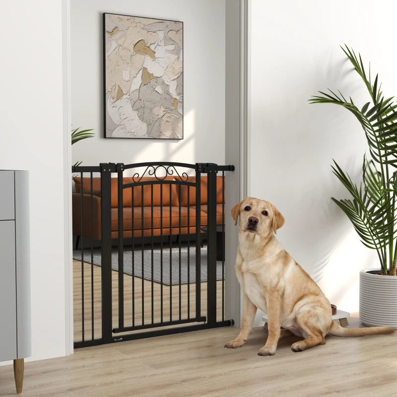 PawHut Puerta para Perros con Ancho Ajustable 76-104 cm Barrera de Seguridad con 2 Extensiones y Doble Bloqueo Negro