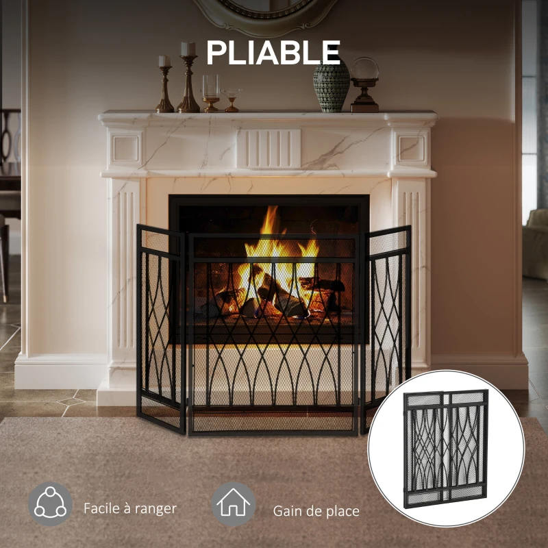 HOMCOM Grille de Protection pour cheminée - Pare-feu Large pour cheminée ou poêle - Pare-étincelles - barrière de sécurité - 3 Volets Pliables - métal Noir