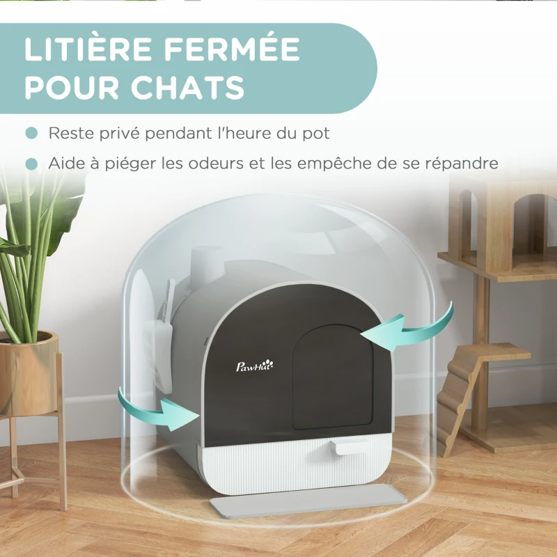 PawHut Bac à litière pour chat avec porte battante pelle et filtre inclus dim. 43L x 44l x 47H cm gris