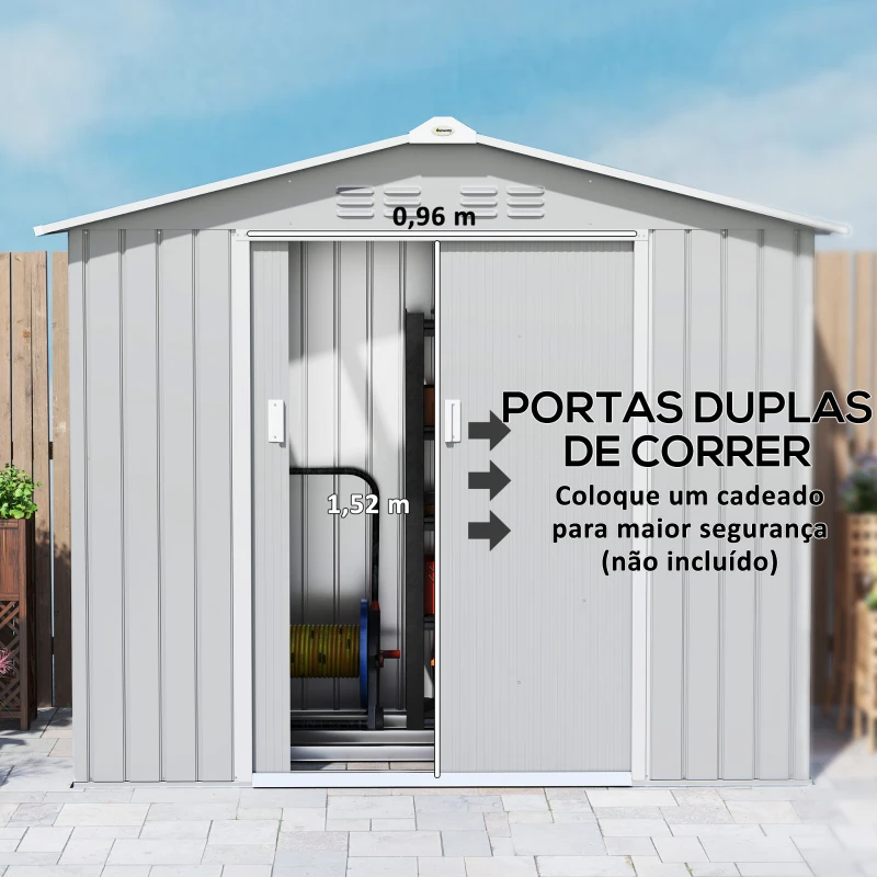 Outsunny Abrigo de Jardim 2,42 m 213x130x185 cm Abrigo de Jardim Metálico para Armazenamento com 2 Portas Deslizantes e 4 Janelas Cinza Claro
