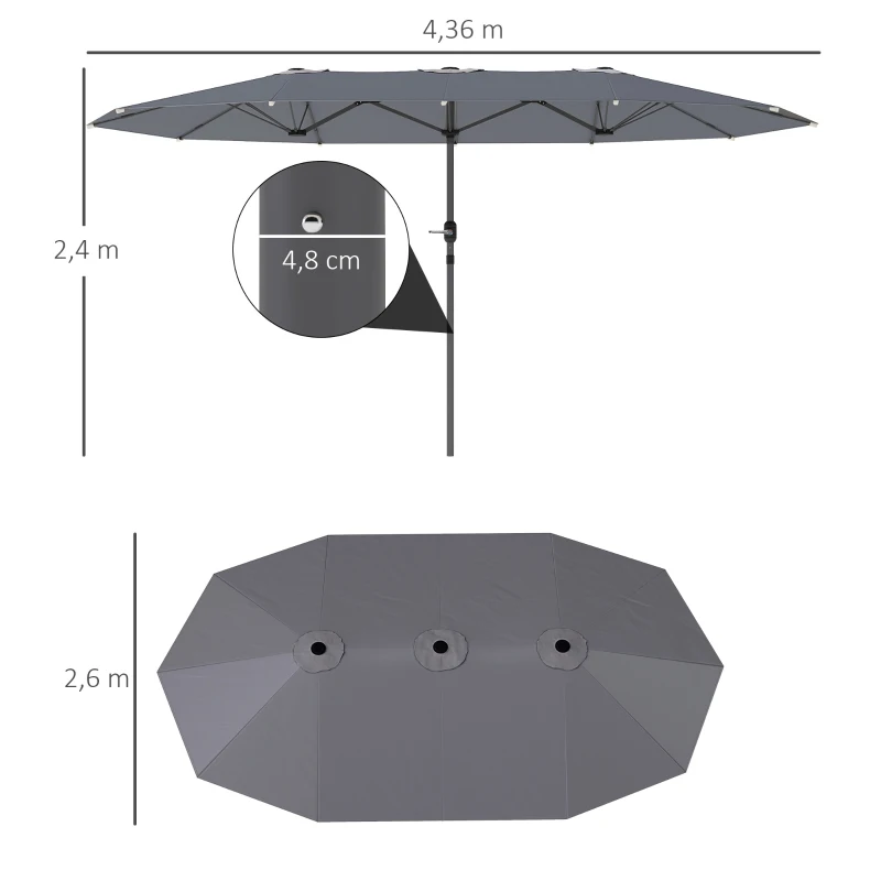 Outsunny Podwójny Parasol 436 x 260 cm, Parasol ze Stali z Ochroną UV i Korbką, Ciemnoszary