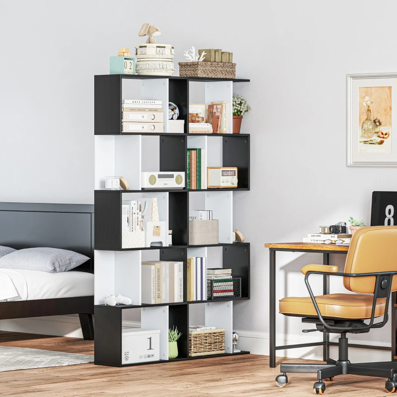 HOMCOM Estante para Livros Estante Alta de Parede com 5 Níveis em Forma de S Desenho Moderno 60x24x184,5 cm Branco e Preto