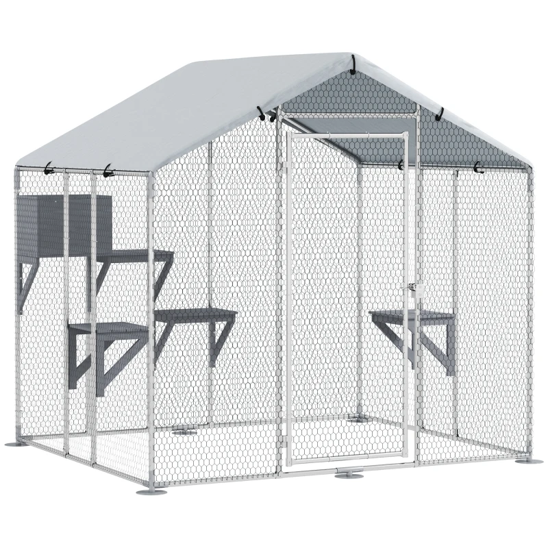 PawHut Refugio Exterior Grande para Gatos Jaula de Acero Galvanizado con Techo Impermeable para 5 Gatos 200x170x195 cm Plateado