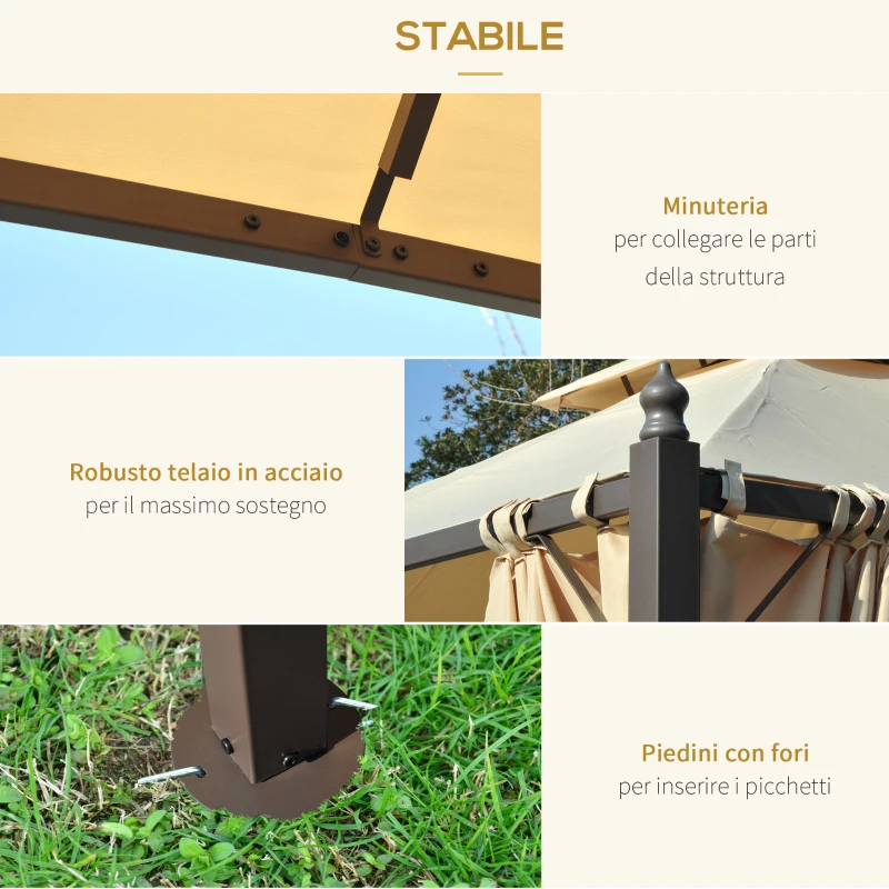 Outsunny Gazebo da Giardino 3 x 3m con 4 Tende Laterali e Doppio Tetto Beige
