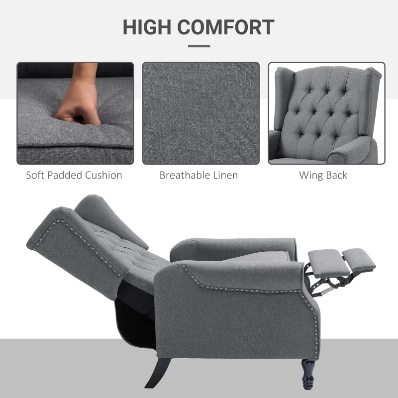 HOMCOM Recliner Armchair, Vintage Reclining Chair with Nail Head Trim, Wingback Chair with Button Tufted Back and Footrest, for Living Room, Grey