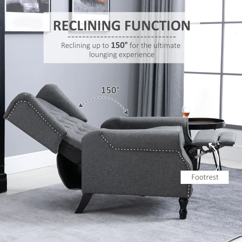 HOMCOM Recliner Armchair, Vintage Reclining Chair with Nail Head Trim, Wingback Chair with Button Tufted Back and Footrest, for Living Room, Grey