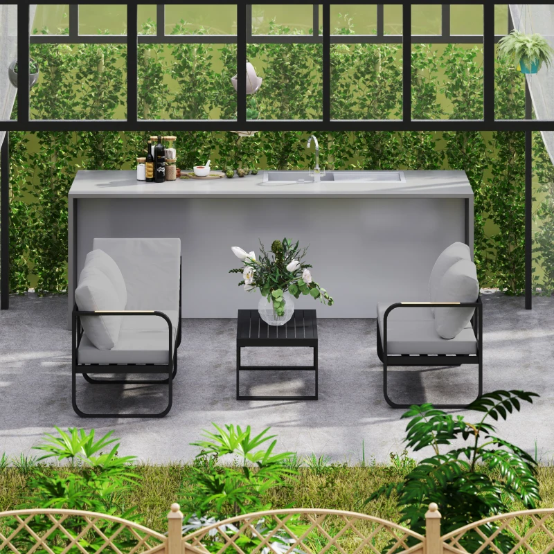 Outsunny Tuinmeubelset, 2-zitsbank, 3-zitsbank, Salontafel, Roestvrij Metalen Frame, Terrasmeubilair, Grijs