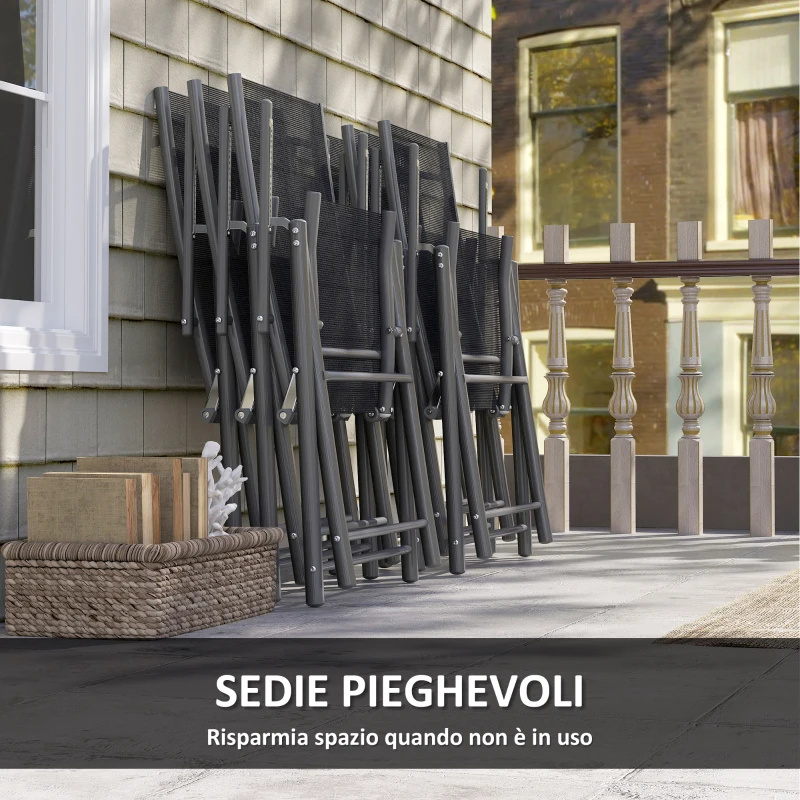 Outsunny Set da Giardino con Tavolo Allungabile in Vetro e 6 Sedie da Esterno Pieghevoli, Acciaio e Textilene, Grigio