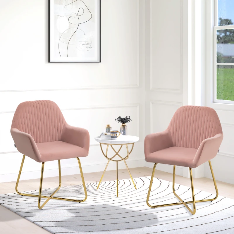 HOMCOM Modern Arm Chair Set of 2 Upholstered Accent Chair with Metal Base for Living Room Pink