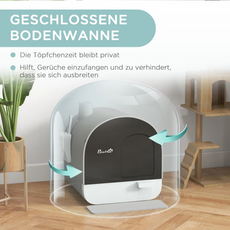 PawHut Katzentoilette mit Deckel, Streuschaufel, Schmutzfangmatte, Kunststoff, Grau/Schwarz(m-5)