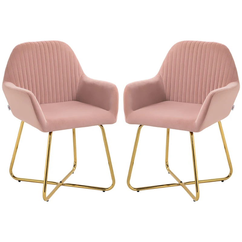 HOMCOM Modern Arm Chair Set of 2 Upholstered Accent Chair with Metal Base for Living Room Pink