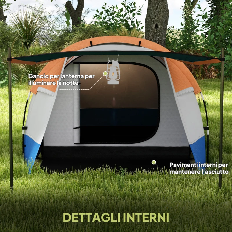 Outsunny Tenda da Campeggio Impermeabile con 2 Aree e 3 Ingressi, Poliestere e Fibra di Vetro, 420x200x150 cm, Arancione