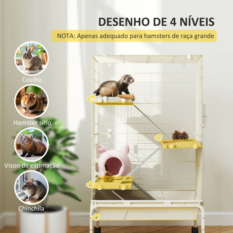 PawHut Gaiola para Animais Pequenos de 4 Níveis com Rodas Rampas Tigela Garrafa de Água 69x44x120 cm Bege