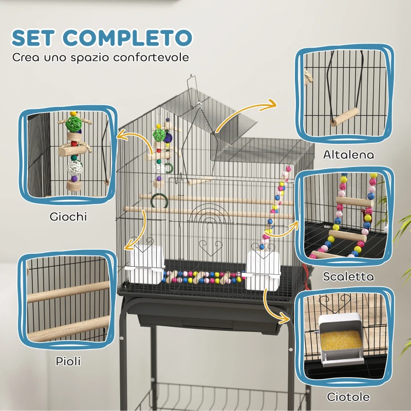 PawHut Gabbia per Uccelli con Piedistallo, Ruote Girevoli, Ripiano e Accessori, 46x36x120 cm, Nero