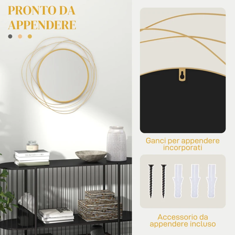 HOMCOM Specchio Moderno e Rotondo Decorativo a Muro con Ganci, in Vetro e Metallo, Ø65x1 cm, Oro