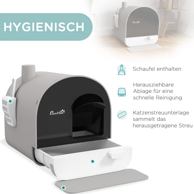 PawHut Katzentoilette mit Deckel, Streuschaufel, Schmutzfangmatte, Kunststoff, Grau/Schwarz(m-4)