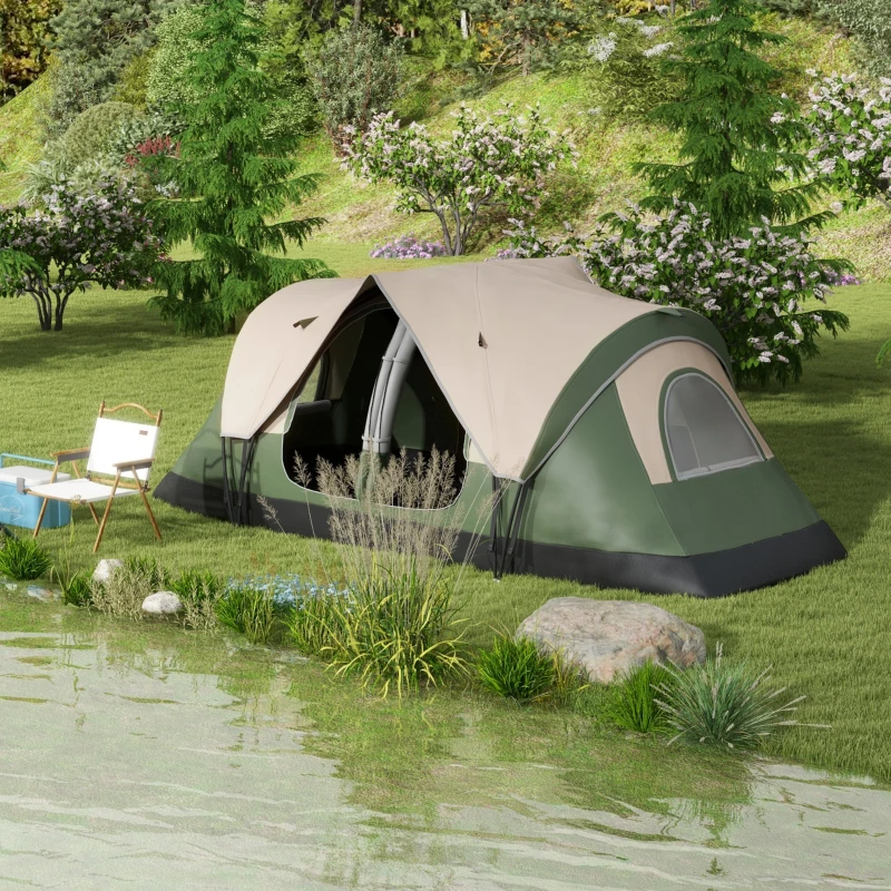 Outsunny Tenda da Campeggio 6 Posti con 2 Stanze Separate, Poliestere e Fibra di Vetro, 450x215x180 cm, Verde Scuro